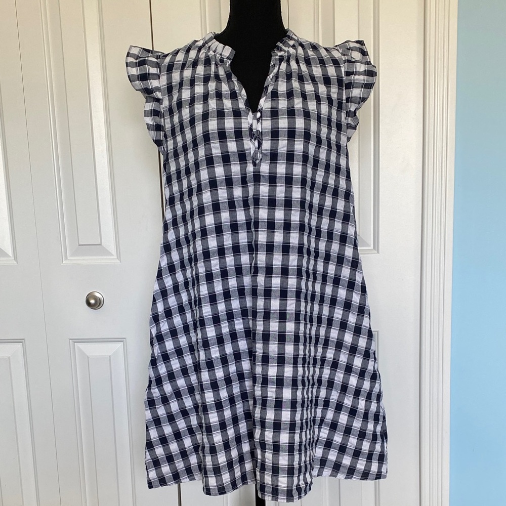 Time and Tru Medium White & Navy Blue Classic Plaid Checkered Dress With Pockets - Picture 6 of 7